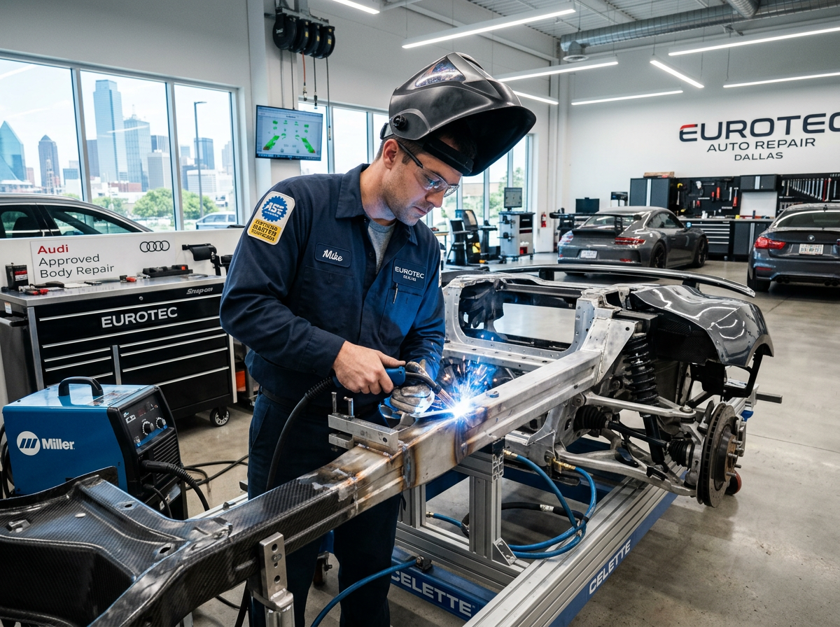 Certified technician repairing a luxury vehicle at Concours Paint & Body